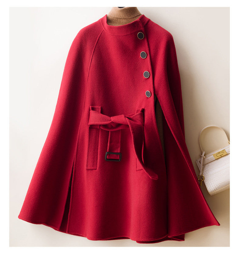 New Lace-Up Loose Mid-Length Double-faced Wool Cape Coat