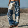 Comstylish Floral Lace Japanese Sashiko Patchwork Flowy Linen Pants