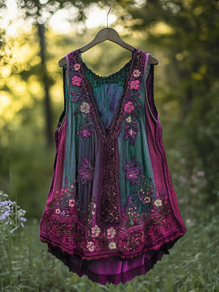Boho Lavender Lace Art Linen Lace Patchwork Art  Sleeveless Tank Top artswardrobe