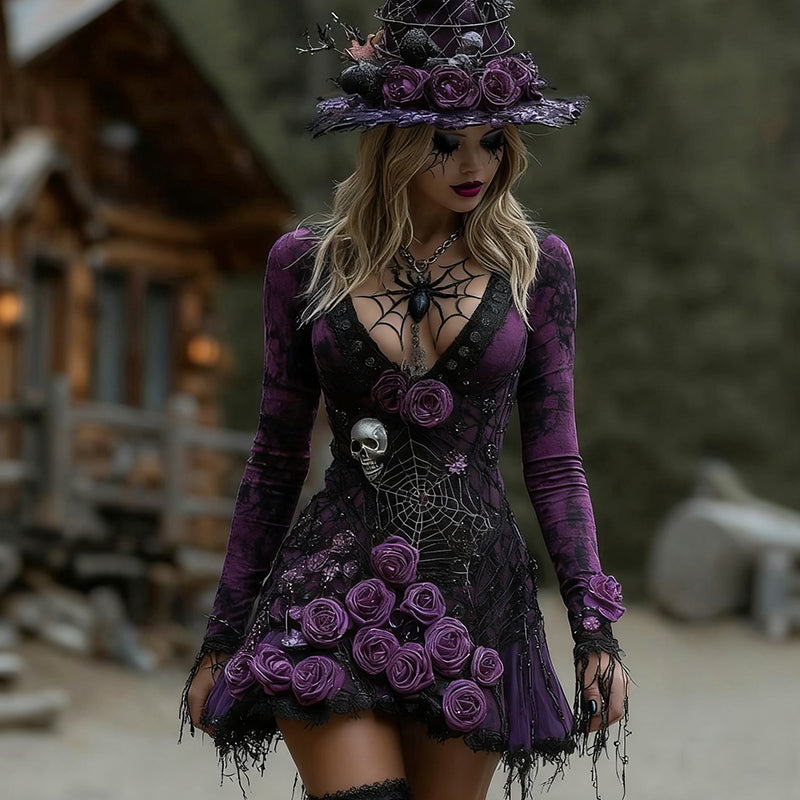 Comstylish Women's Witch Rhinestone Skull Flower Spider Web Midi Dress