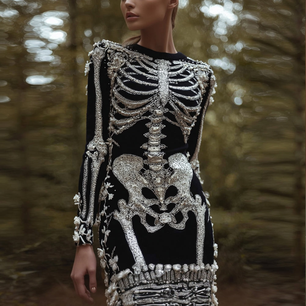 Comstylish Women's Halloween Human Skeleton Skeleton Rose Diamond Round Neck Dress