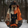 Comstylish Women's Black Cat Patchwork Stitched Cozy Knit Hooded