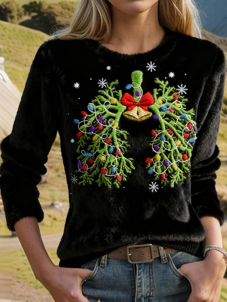 Comstylish Christmas String Lights Lung Embroidered Cozy Plush Sweatshirt