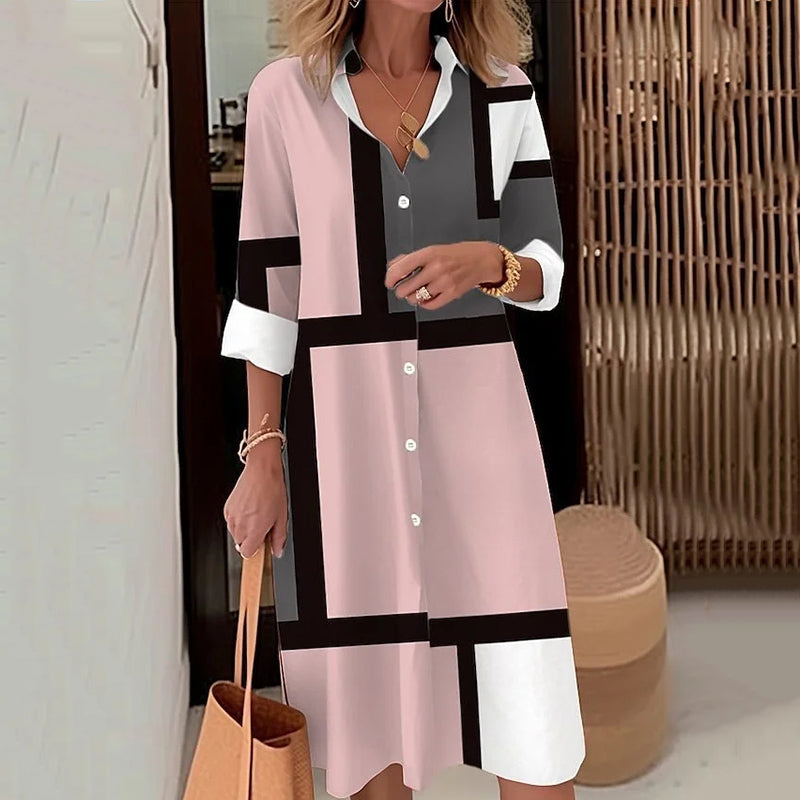 Comstylish Casual Geometric Square Long-Sleeved Casual Loose Dress