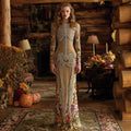 Comstylish Vintage Mexican Day Of The Dead Skeleton Bones Embroidery Flowers Cozy Velvet Maxi Dress