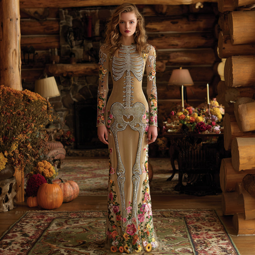 Comstylish Vintage Mexican Day Of The Dead Skeleton Bones Embroidery Flowers Cozy Velvet Maxi Dress