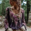 Comstylish Bohemian Style Round Neck Long Sleeve 3d Purple Flower Design Cotton And Linen Top For Women