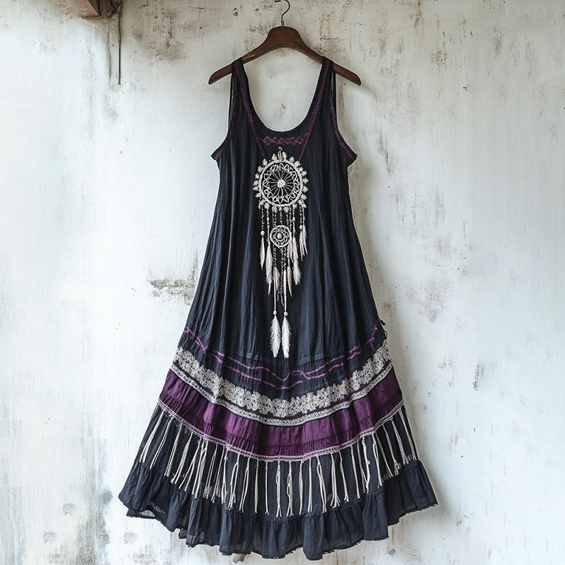 Bohemian Lace Floral Embroidery Art Linen Tank Dress artswardrobe