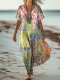Women's Vintage Floral Patchwork Art Print Pocket Cotton Dress