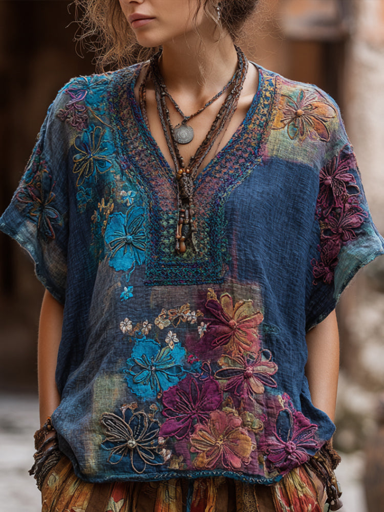Bohemian-style Patchwork Multi-colored Flower Three-dimensional Embroidery V-neck Short-sleeved Shirt artswardrobe