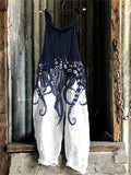 Comstylish Japanese Art Ocean Octopus Print Cotton Blend Jumpsuit
