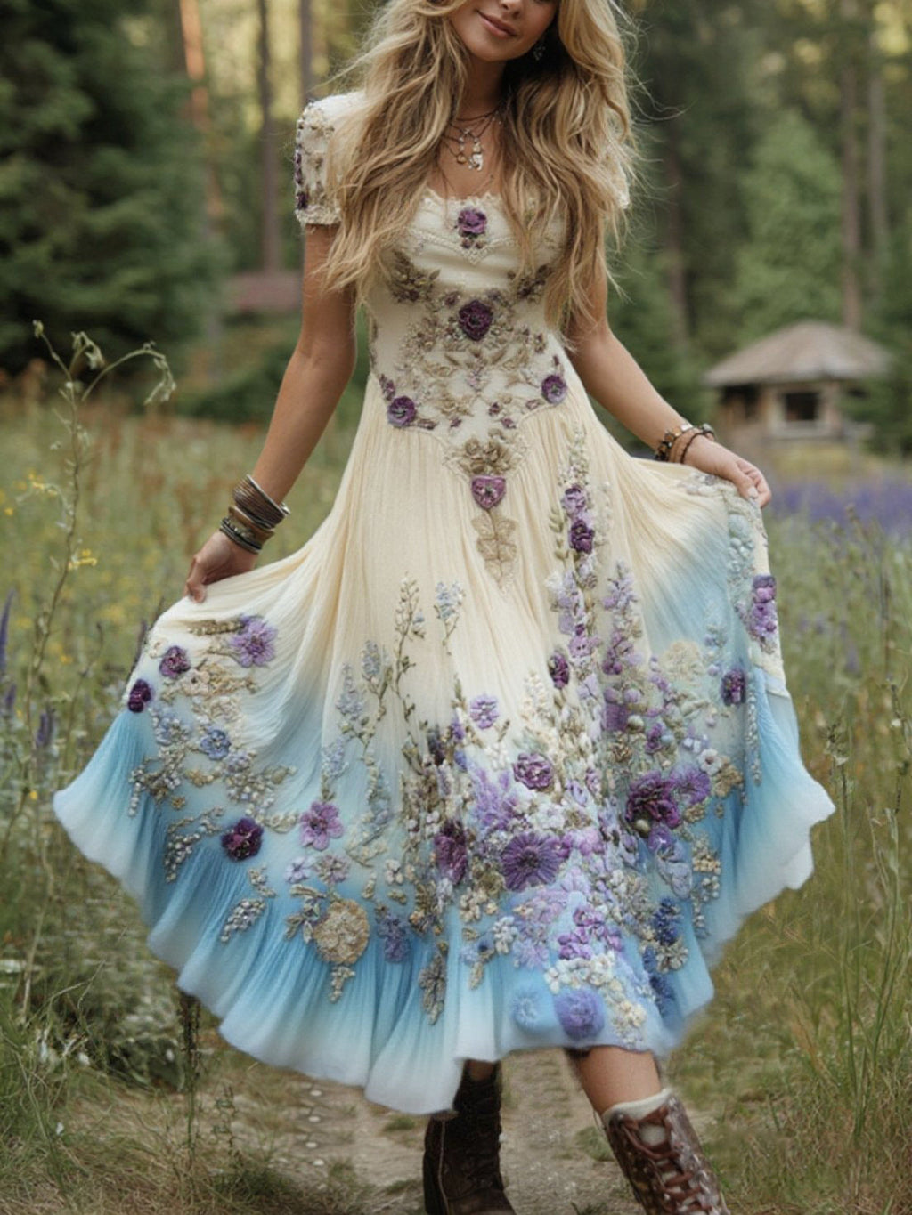 Classy Gradient Purple Lavender And Floral Embroidered Linen Maxi Dress artswardrobe