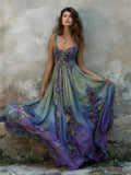 Vintage Floral Embroidered Purple Gradient Flowy Linen Maxi Dress artswardrobe