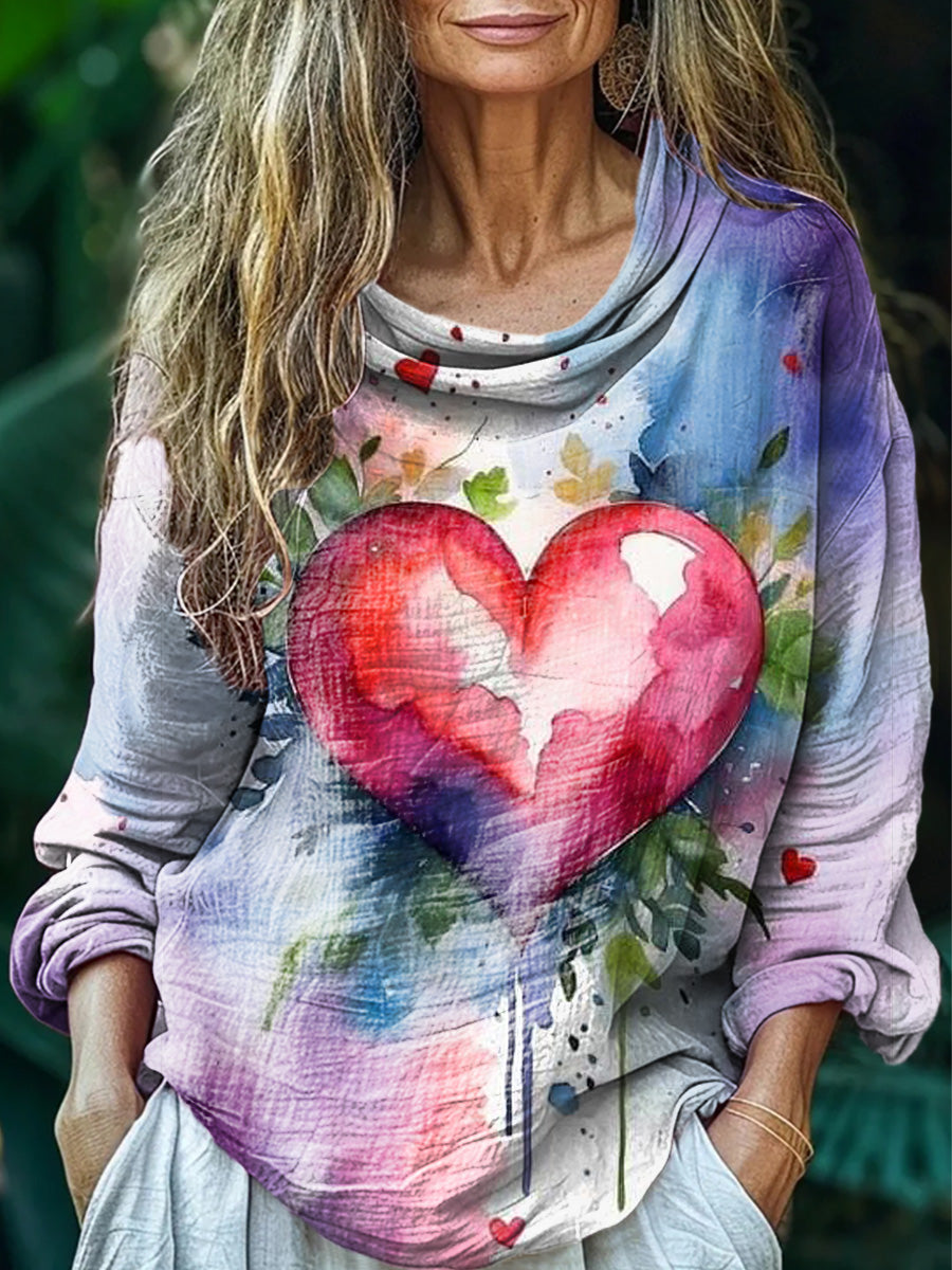 Women's Watercolor Heart Pattern Art Print Casual Comfort Cotton Shirt