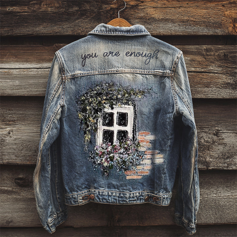 Comstylish You Are Enough Floral Cottage Window Fiber Art Denim Jacket