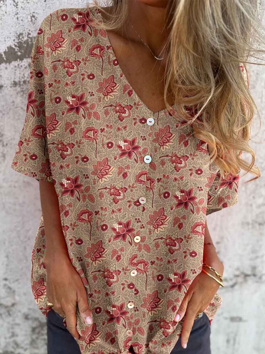 Women's Art Vintage Kantha Geometric Print Floral Shirt Style Cotton and Linen Top