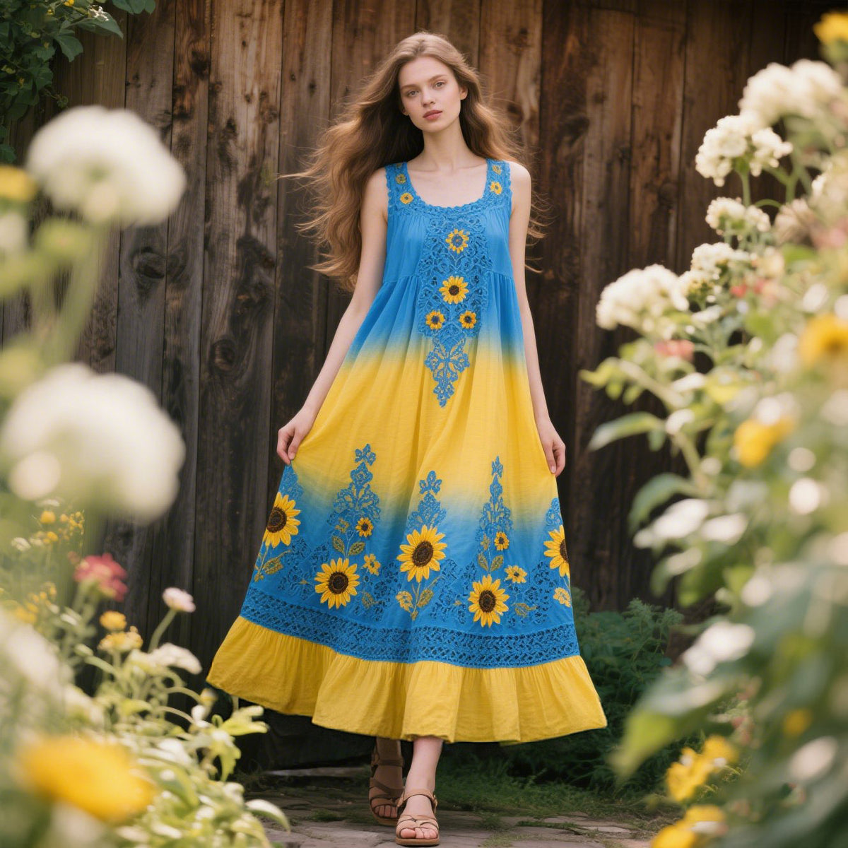 Women's Retro Sunflower Gradient Sleeveless Dress artswardrobe