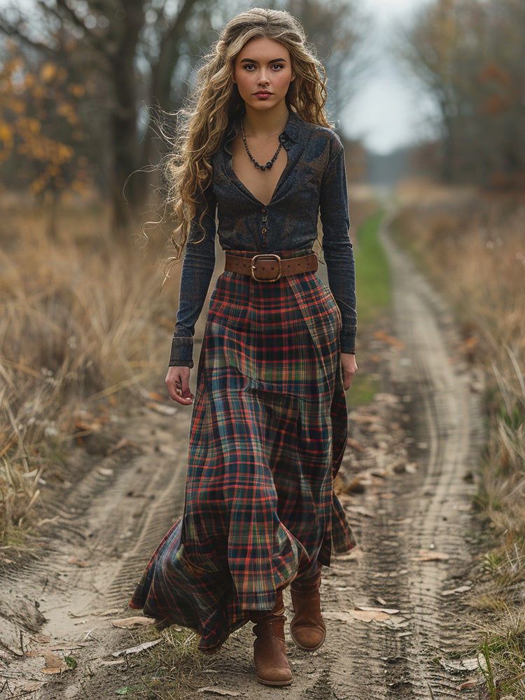 Women's Retro Pastoral Cotton And Linen Plaid Print Skirt artswardrobe