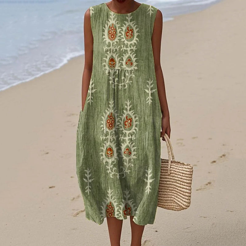 Vintage Loose Floral Ethnic Art Sleeveless Cotton And Linen Tank Dress artswardrobe