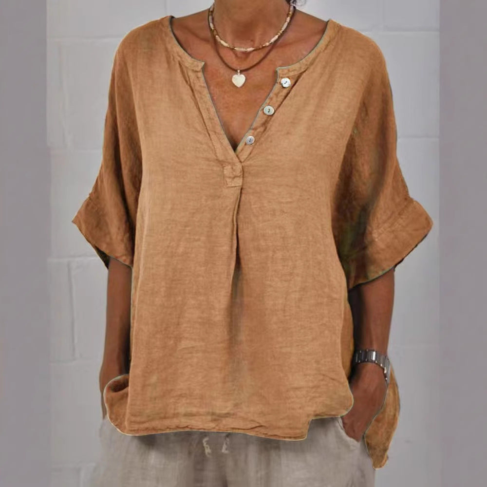 Comstylish Women's Solid Color Button Linen V-neck Shirt