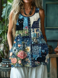 Black Cats Embroidered Cottage Floral Textile Linen Tank Top artswardrobe