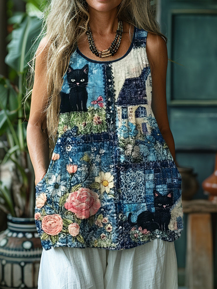 Black Cats Embroidered Cottage Floral Textile Linen Tank Top artswardrobe