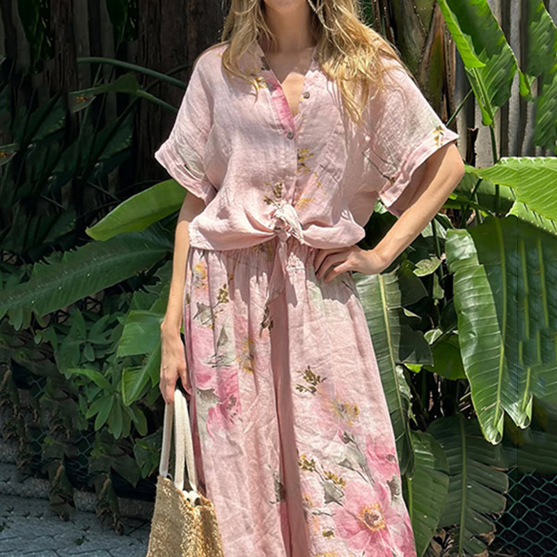 Women's Pink Floral Print Short Sleeve Pants Two-piece Set artswardrobe