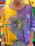Face Colorblocked Sunburst Art Print Casual Long Sleeve T-Shirt