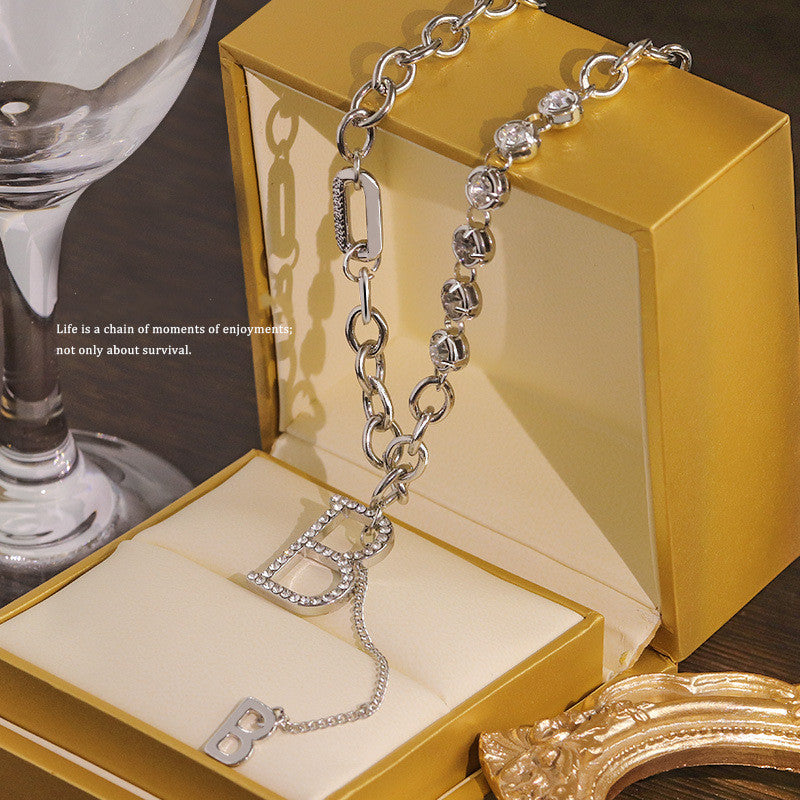 Light Letter Pendant Necklace Sweater Chain Necklace Temperament Diamond B-shaped Metal Necklace Jewelry