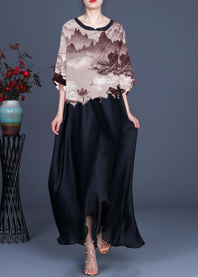 Mountain River Pattern Print O-neck Chiffon Summer Dress