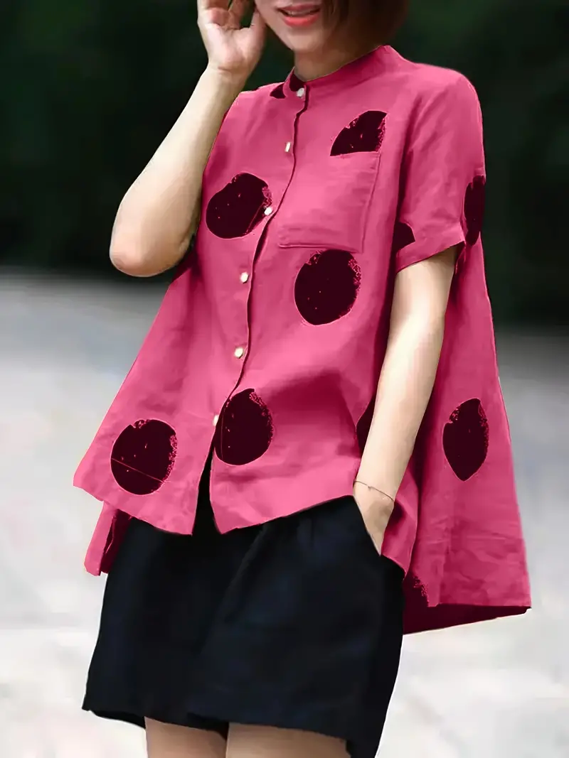 Pink Dot Print Patchwork Linen Top Button Stand Collar Summer