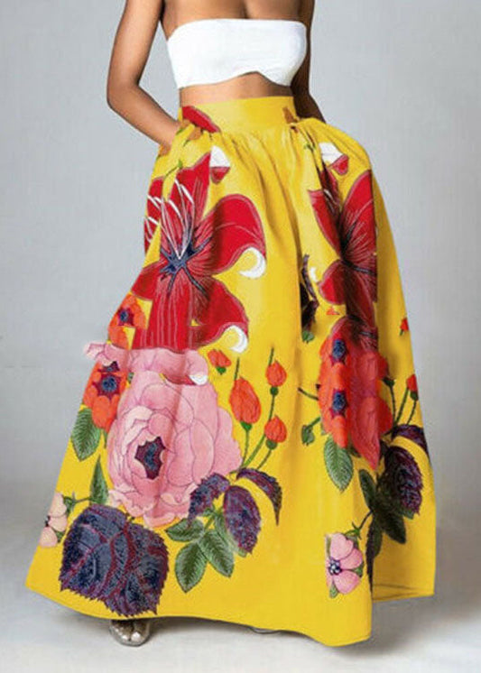 Yellow High Waist Pockets Print Cotton a Line Skirt Summer