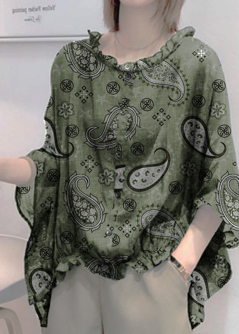 Art Navy Tops Ruffles Trim Half Sleeve Shirts Blouse