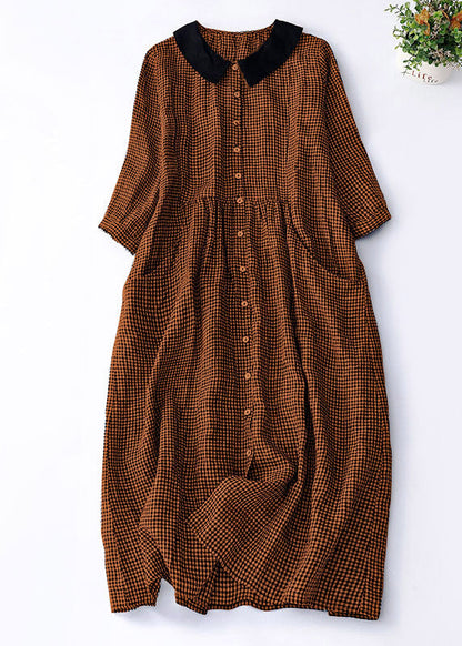 Organic Brown Plaid Peter Pan Collar Patchwork Linen Dresses Summer