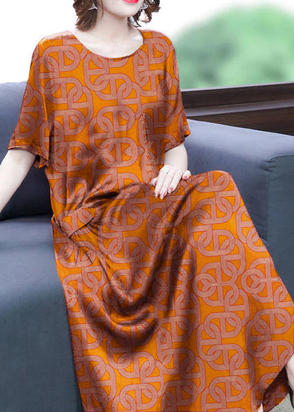 Green-flower Print Silk Long Dress Oversized Pockets Wrinkled Summer