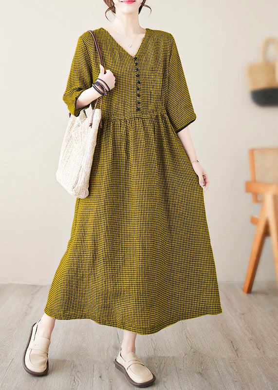 Wine Red V Neck Plaid Patchwork Button Linen Maxi Dresses Summer