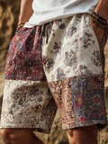 Western Bohemian Style Plant And Flower Pattern Retro Cotton And Linen Loose Wide-leg Shorts artswardrobe