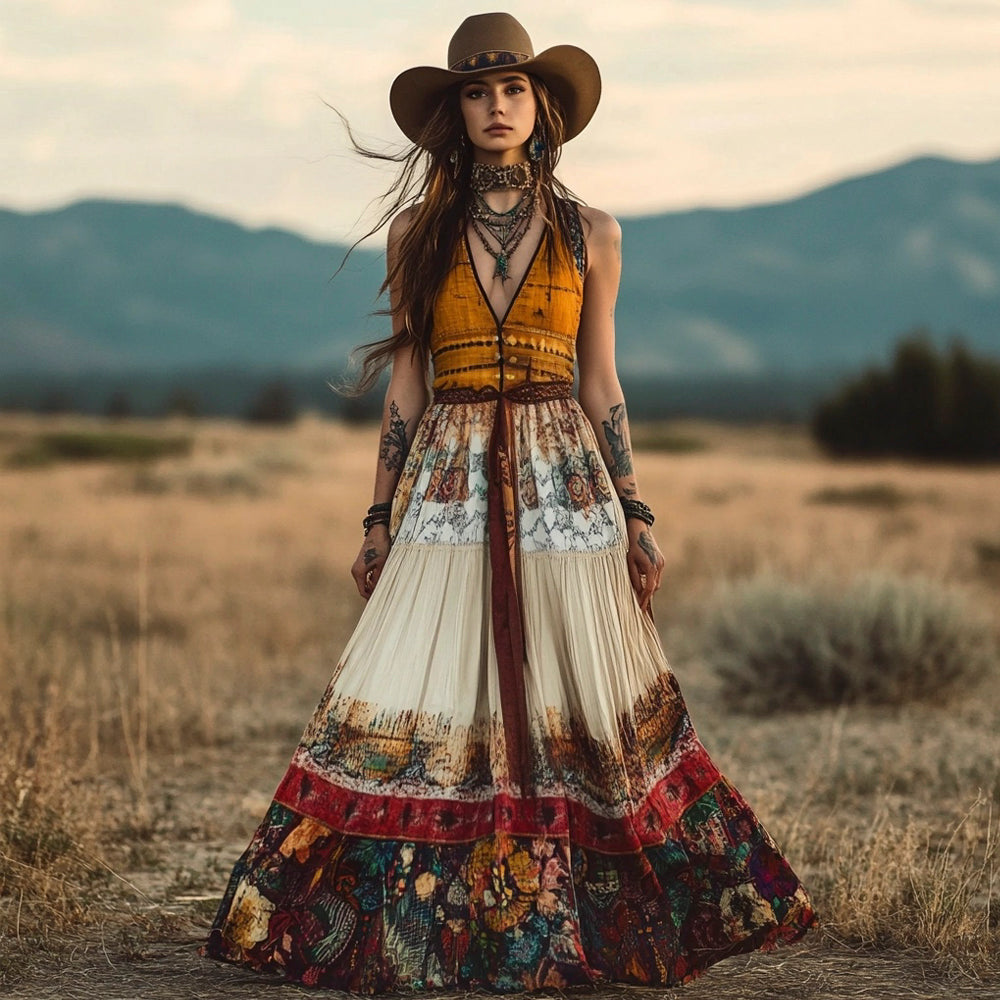Western Vintage Floral Pattern Women's Lace-up Maxi Dress artswardrobe