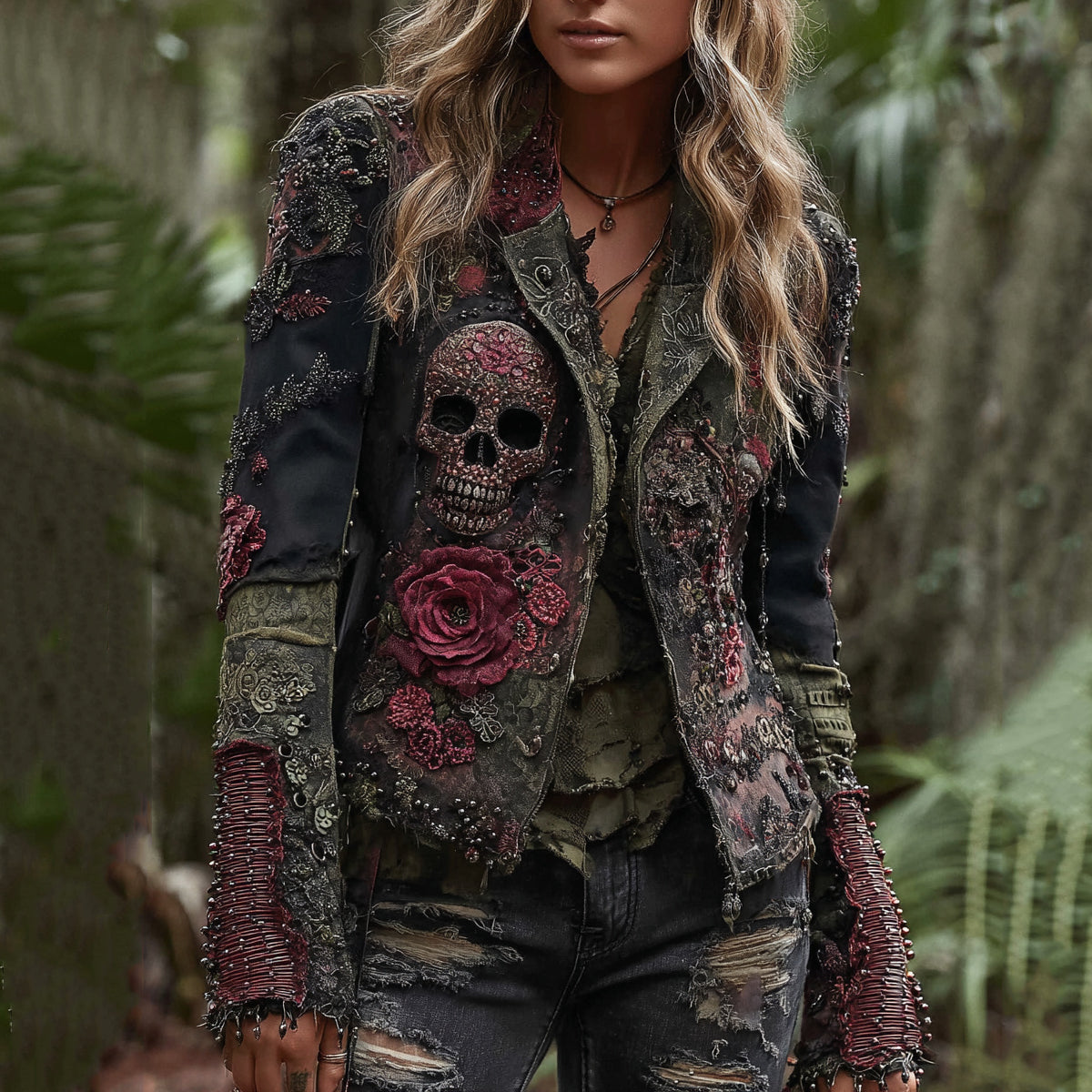 Comstylish Rose And Skull Gothic Rock Contrast Lapel Denim Jacket