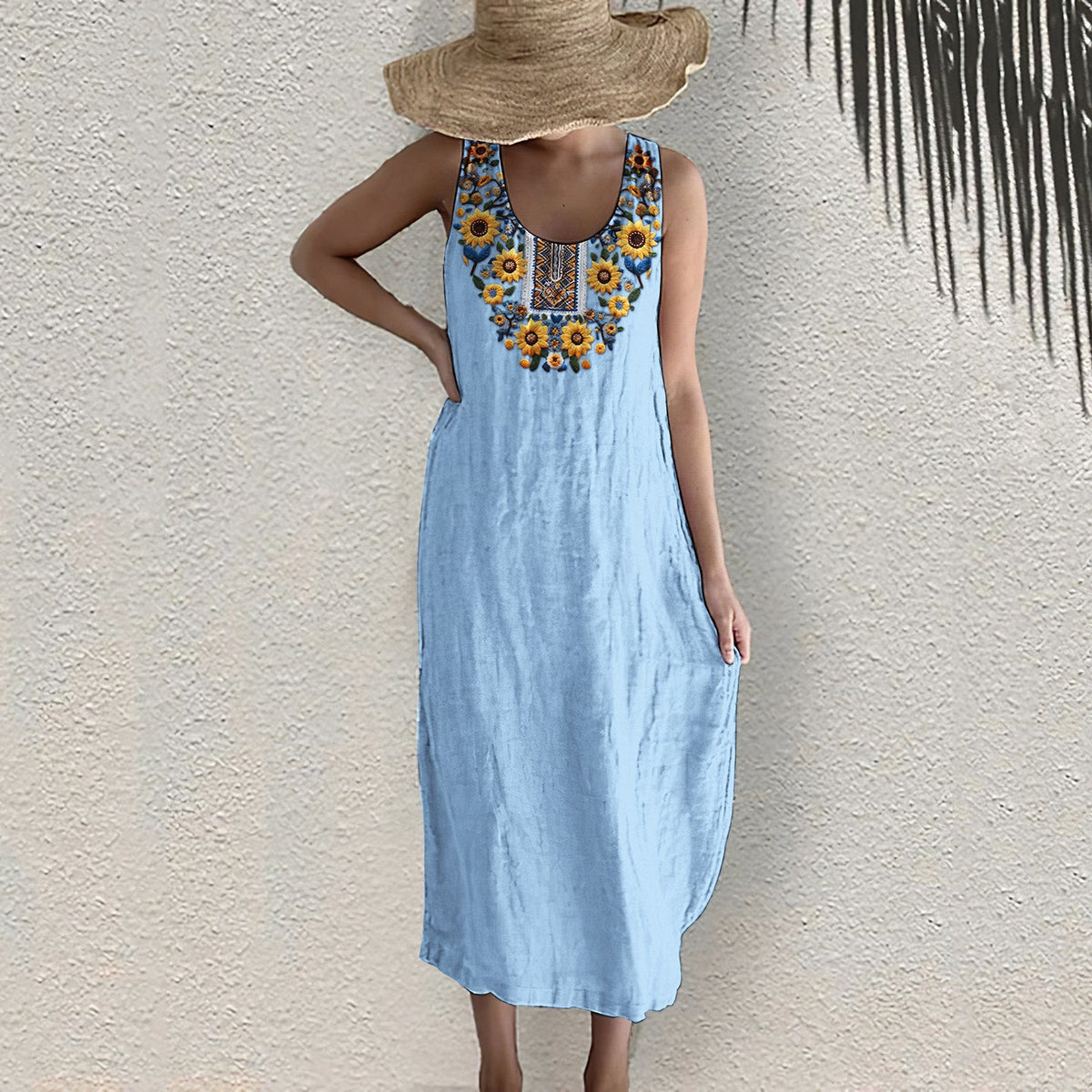 Ukrainian Sunflower Art Pattern Linen Tank Dress artswardrobe