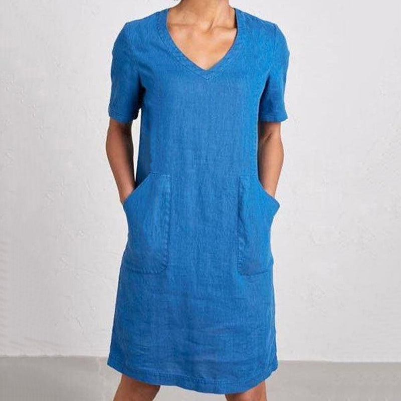 Women's Retro Solid Color Cotton And Linen V-neck Pocket Dress artswardrobe