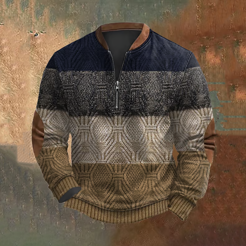 Vintage Patchwork Art Print Men's Zipper Neck Knit Sweatshirt elevenforest