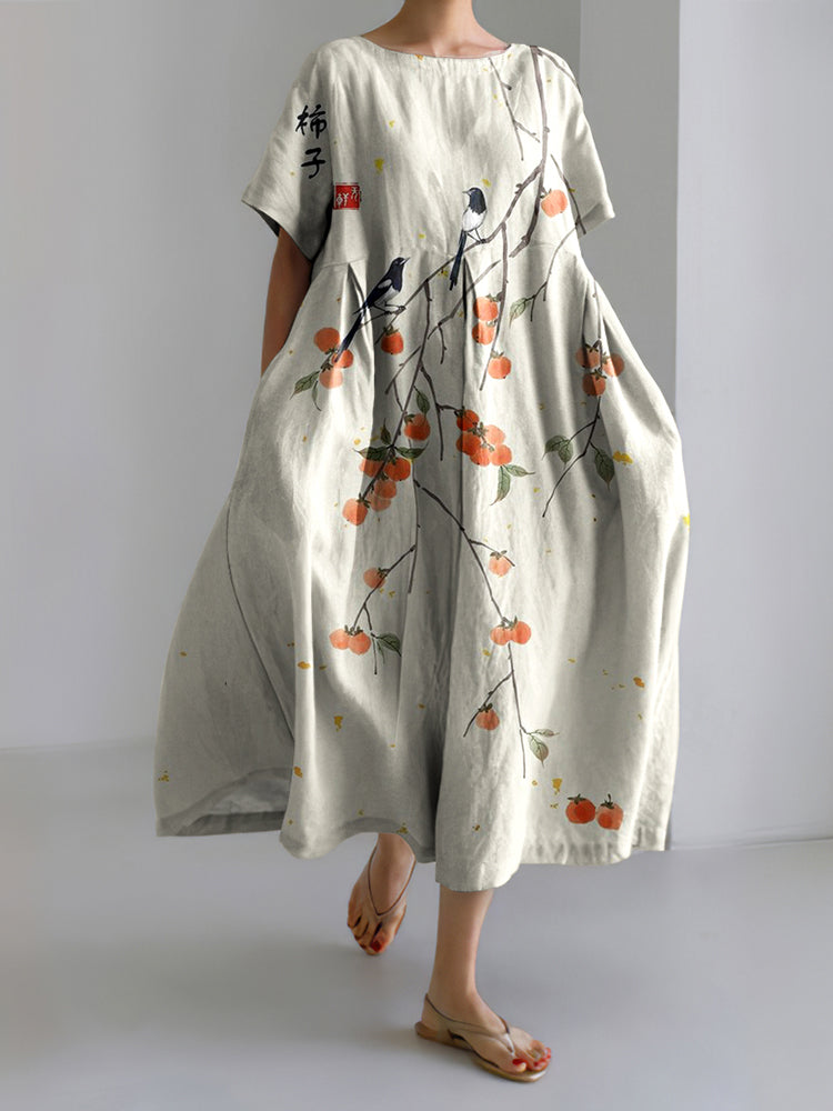 Japanese Art Persimmon Linen Blend Short Sleeve Maxi Dress