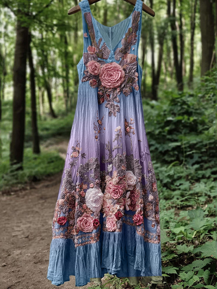 Vintage Classy Boho Gradient Pink Roses Embroidered Linen Maxi Dress artswardrobe