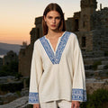 Women's Greek Geometric Art  V-neck Linen Blend Blouse artswardrobe