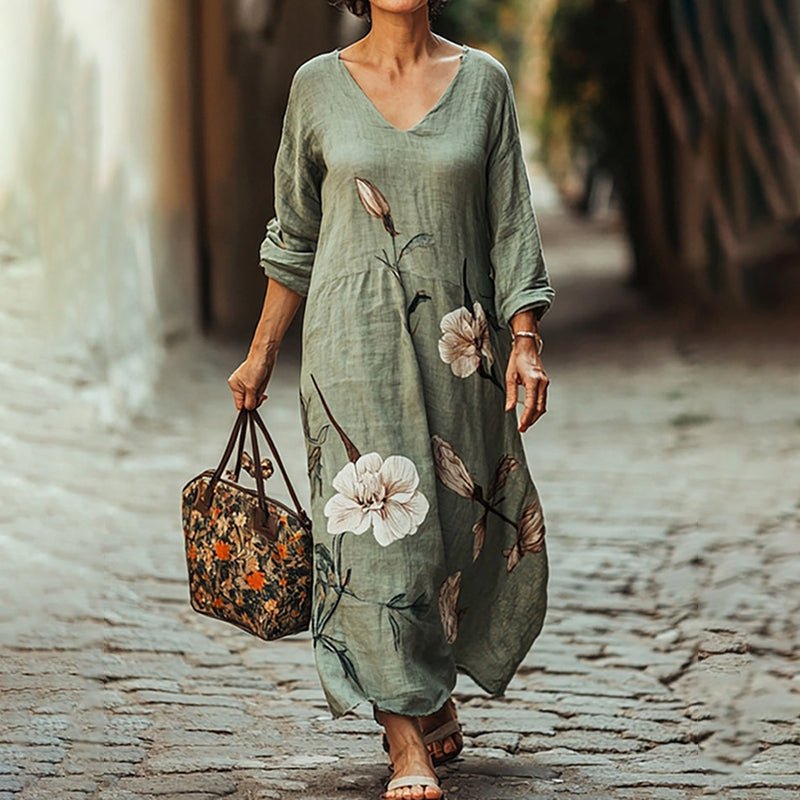 Women's Floral Print V-neck Loose Midi Dress artswardrobe