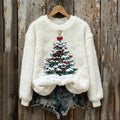Comstylish Women's Fun Christmas Tree Plush Crew Neck Sweatshirt