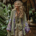 Comstylish Classic Bohemian Floral Art Embroidery Print Cotton And Linen Blend Kimono Cardigan