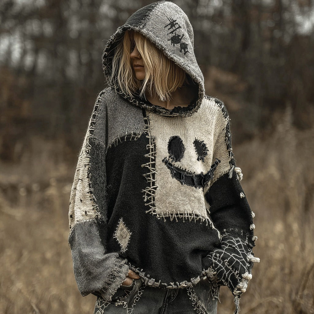 Halloween Spooky Face Patchwork Stitched Cozy Knit Hooded artswardrobe