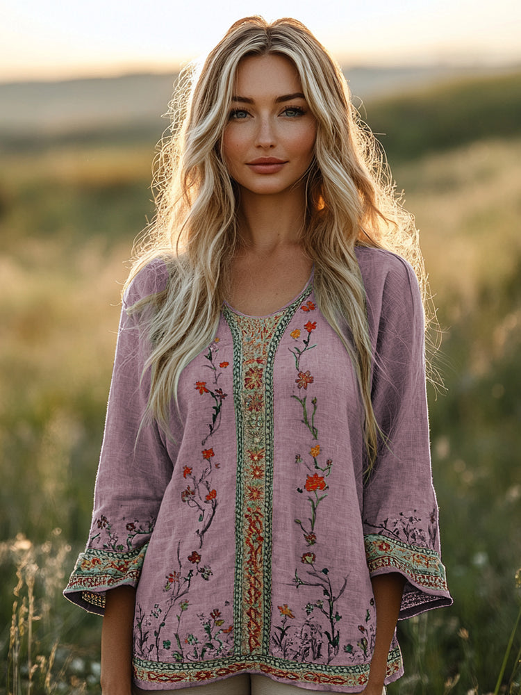 Retro Bohemian Floral Embroidery Art Graphics Linen Blend Loose Blouse artswardrobe